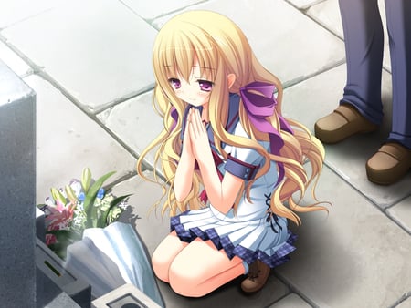 anime - girl, eyes, hair, game cg, purple, derivara, pink, anime, flowers