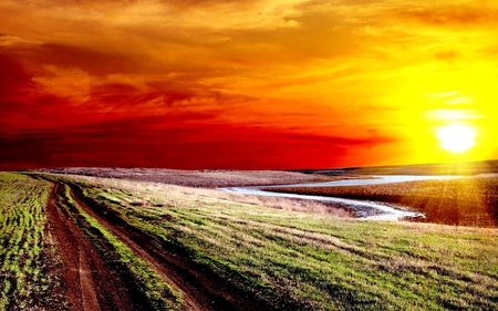 PATHWAY to the HORIZON - horizon, path, river, field, sunset