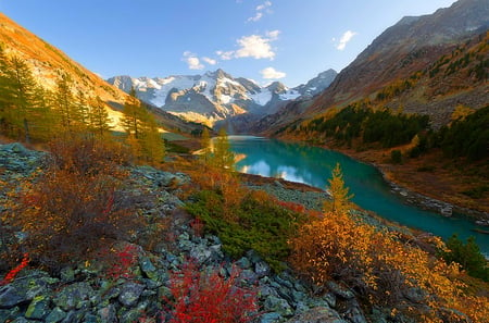 Magical mountains - water, multicolored, fields, beautiful, landscape, colore, colors, photo, highs, mountain, stones, flowers, nature, colored, panorama, lake