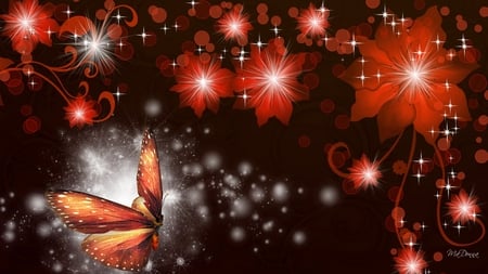 Orange Glows Brightly - flowers, glow, butterfly, orange, stars, sprinkles