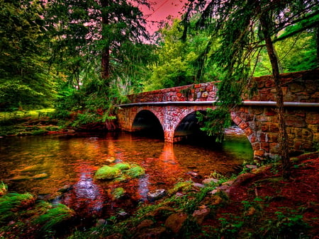 Bridge to nowhere - red, water, beautiful, stones, bridge, nowhere, peaceful, lake, sky, pond, reflection, river, trees, nature, calm