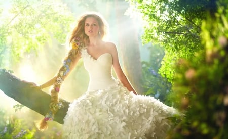 Spring Bride - beauty, woman, sunlight, people, girl, photography, blond, bride, model, spring, nature, beautiful, tree, flowers