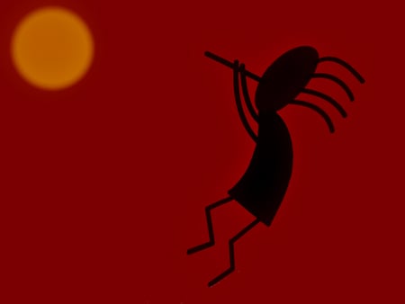 Kokopelli 3 - flute, native american, man, red, sun, music, orange, black