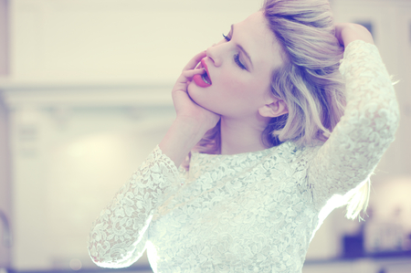 Thinking of You... - pretty, red, blond, face, nice, art, delicate, beautiful, sensual, photography, girl, beauty, lace, hair, white, lips, woman, model, sensitive, sexy