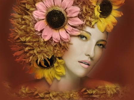 Pink-Sunflower - flowers, female, sunflower, woman, beautiful, ornament