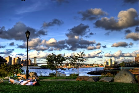 sleeping by the city - city, bike, sleeping, river