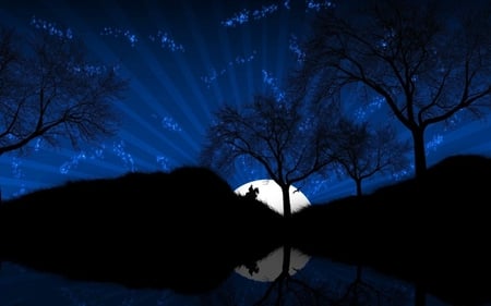 MOON - hill, moon, trees, night, reflection, stars, man, horse, sky