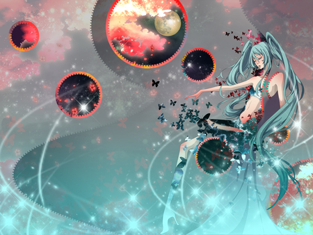 Hatsune Miku - close eyes, vocaloid, female, miku hatsune, hatsune miku, long hair, muisc, space, guitar, sing, grow, moon, anime girl, twintails, hot, sound, rock, cool, miku, butterfly, sexy, vocaloids, song, full moon