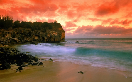 Burning Sky - hill, sky, beach, sun, sea