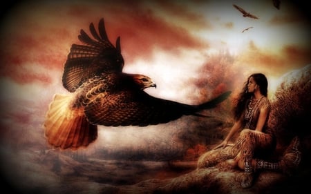 You must leave me now my friend fly with your Family - fantasy, eagle, woman, girl, luis royo, art, dream