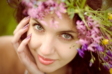 Flower girl - fingers, crown, girl, eyes, beauty, spring, green eyes, sweet, charming, flowers, lips, nature, beautiful lady, nails, face