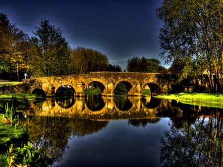 A bridge in darkness - calm, nature, trees, reflection, peaceful, mirrored, darkness, bridge