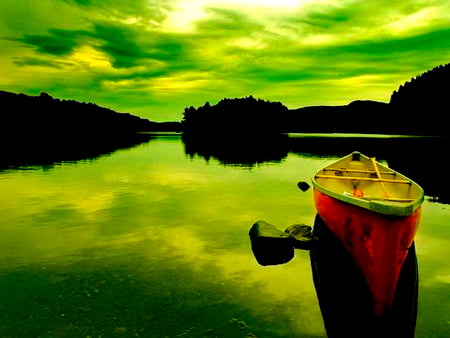 Lonely boat in the lake - water, mirrored, boat, emerald, lonely, lake, sky, reflection, clouds, river, nature, mountain, green