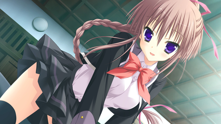 Sweet girl - brown hair, uthighhighs, purple eyes, saga planets, toranosuke, kozakai aya, seifuk, hatsuyuki sakura, game cg