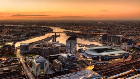 city panorama - city, stadium, sunset, river