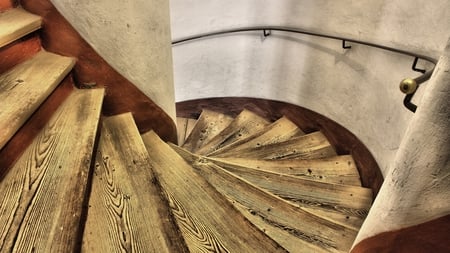 spiral staircase - spiral, stairs, wood, rail