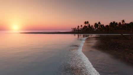 sunset in paradise - calm, beach, palms, sunset, colors, sea