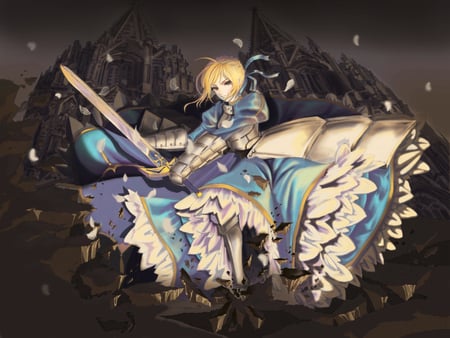 Saber - saber, girl, female, dark background, anime girl, flower petals, fate stay night, green eyes, blonde hair, armour, castle, petals, anime, excalibur, sword, weapons