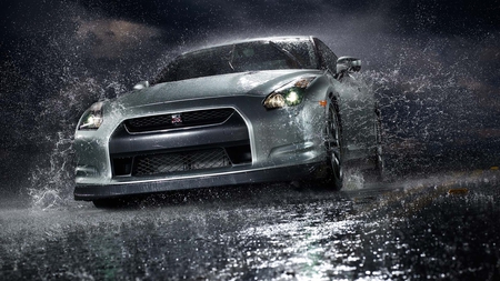 gtr in the rain - gtr, car, splash, rain