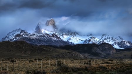 misty mountains - fences, mountains, plain, mist