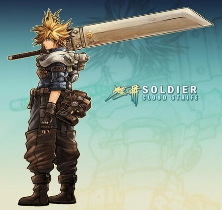 Cloud Strife - soldier, anime, ffvii, final fantasy, solo, cloud strife, weapon, ff7, blue eyes, final fantasy 7, sword, blue background, final fantasy series, final fantasy vii, cloud, games, video games, lone