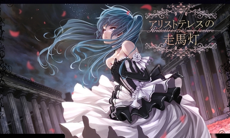 Hatsune Miku - Romeo and Cinderella - aqua, music, anime girl, white, art, amazing, cool, rose petals, aqua eyes, artistic, hatsune miku, song, romeo and cinderella, stunning, vocaloids, program, vocaloid, pink, beautiful, diva, dress, beauty, nice, sky, red petals, twintail, singer, aqua hair, rose, black, virtual, pretty, idol, clouds, anime, miku, cute, twin tail, girl, cg, hatsune, blue, red, awesome, digital