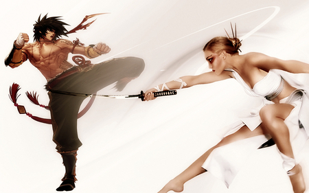 An unfair fight which ends badly for him unfortunately - woman, girl, dream, fantasy, fight, abstract, boy, man, sword