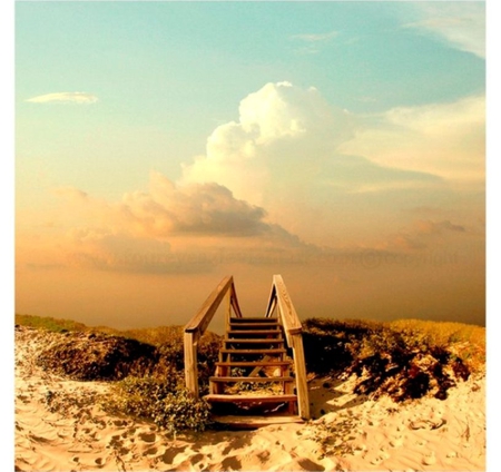 Stairway to heaven - clouds, heaven, pic, blue, image, stairway, photo, photograph, stairs, wooden, picture, sky, wall, wallpaper