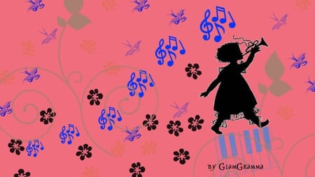 Little Girl Music - abstract, music, little girl, silhouette, pink