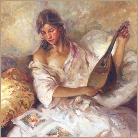 Jose Royo - Intimidad - book, girl, lovely, jose royo, music, lute, privacy, intimidad, painting, woman, art