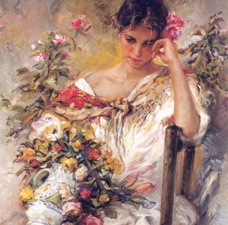 Jose Royo - Melancolia - woman, art, girl, paintih, melancolia, flowers, jose royo, vase