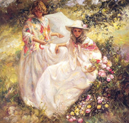 Jose Royo - Recogiendo flores - girl, beauty, forest, jose royo, flowers, nature, painting, woman, field, recogiendo flores, art