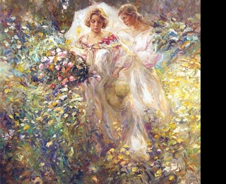 Jose Royo art - woman, girl, jose royo, white, nature, painting, art, umbrella, flowers