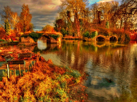 Broken bridge - sky, autumn, water, mirrored, nature, fall, reflection, river, beautiful, clouds, bridge