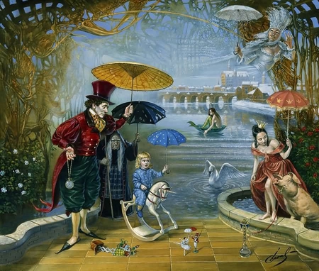 Michael Cheval - Dream Flood in Fairyland - swan, pig, toy, water, painting, art, yellow, umbrella, siren, clock, surrealism, kid, lake, dream flood in fairyland, child, michael cheval, horse, blue, red, flowers