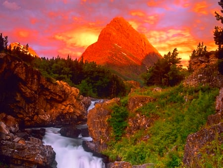 Mountain water stream - summer, stream, sunrise, mountain, gorgeous, red, peak, sky, clouds, sunlight, trees, water, beautiful, slope, nature, sunset, rocks