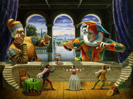 Michael Cheval - Art of diplomacy - stairs, drink, glass, puppet, art of diplomacy, lute, purple, michael cheval, red, harlequin, table, card