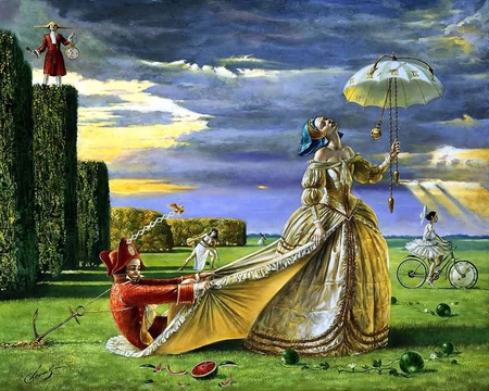 Michael Cheval -  Time to Love - ballerina, clock, man, michael cheval, time to love, umbrella, surrealism, watermelon, painting, woman, fruit, bicycle, harlequin, art, sky