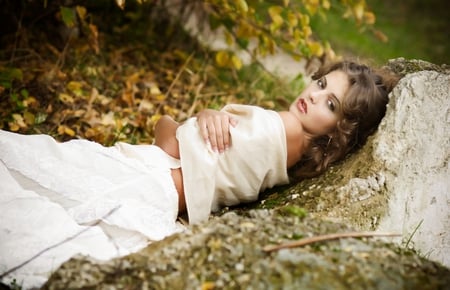 Hold me - ground, miss you, leavesm, dreams, beautiful hair, hold me, lips, beautiful lady, thoughts, nature, stone, face, beauty, dreamer, hair, stare, hug, white dress