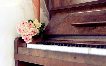 Roses - woman, beauty, female, roses, music, bride, bouquet, rose, still life, piano, pretty, hand, romance, hands, wedding, girl, lovely, nature, romantic, beautiful, flowers, dress