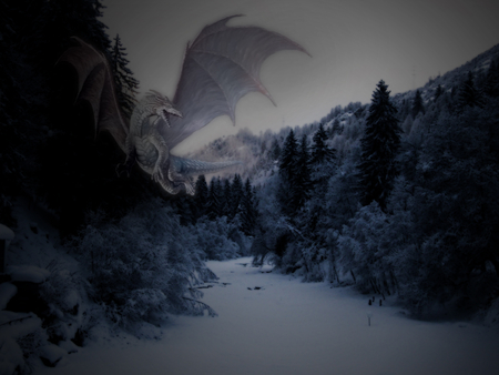 snow dragon - forest, winter, gothic, dark, fantasy, dragon, trees, nature, snow