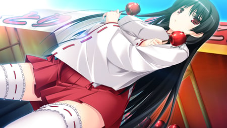 Ichinose Yua - red eyes, miko, yua, long hair, black hair