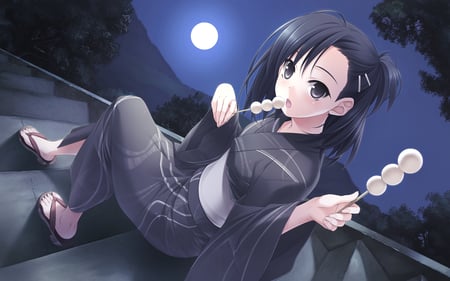 want some - moon, kozune, black hair, cute, night, yukata, yosuga no sora