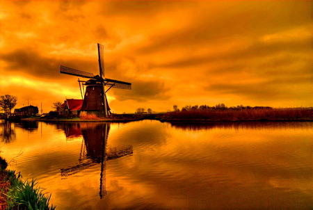 Mill reflection - clouds, beautiful, mill, mirrored, sunrise, reflection, orange, calmness, sunset, red, sky