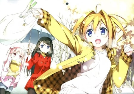 Winter - winter, friends, anime girls, yellow, anime, umbrella