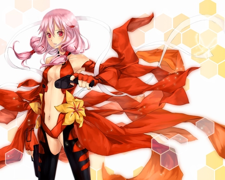 Yuzuriha Inor - gun, hot, female, anime girl, hairpains, cool, ribbon, sexy, twintails, thighhigh, pink hair, gloves, guilty crown, weapon, blush, sweet, flower