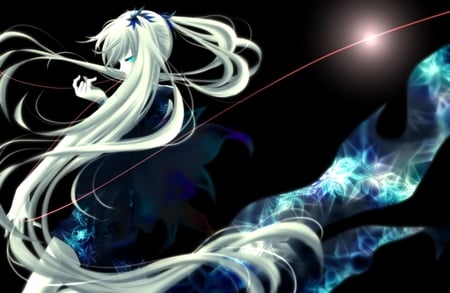 Hatsune Miku - aqua, music, anime girl, white, art, amazing, cool, aqua eyes, artistic, hatsune miku, light, song, stunning, vocaloids, glow, program, vocaloid, beautiful, diva, nice, beauty, water, twintail, singer, aqua hair, black, virtual, pretty, idol, anime, miku, cute, twin tail, girl, string, cg, hatsune, star, blue, digital, awesome