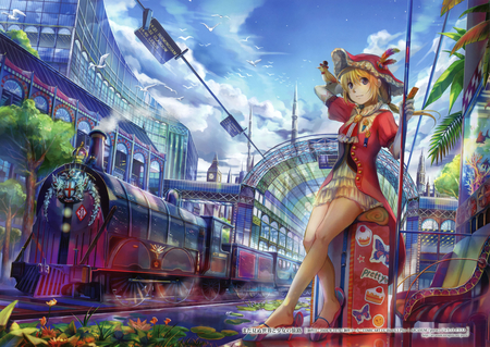 Colorfull Train - train, sky, anime, anime girl, colors, colorfull