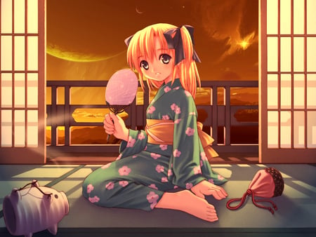 Canvas - kimono, sunset, girl, canvas