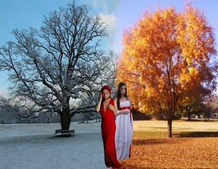 CHANGING SEASONS - trees, winter, female, dress, change, fall, white, red, seasons